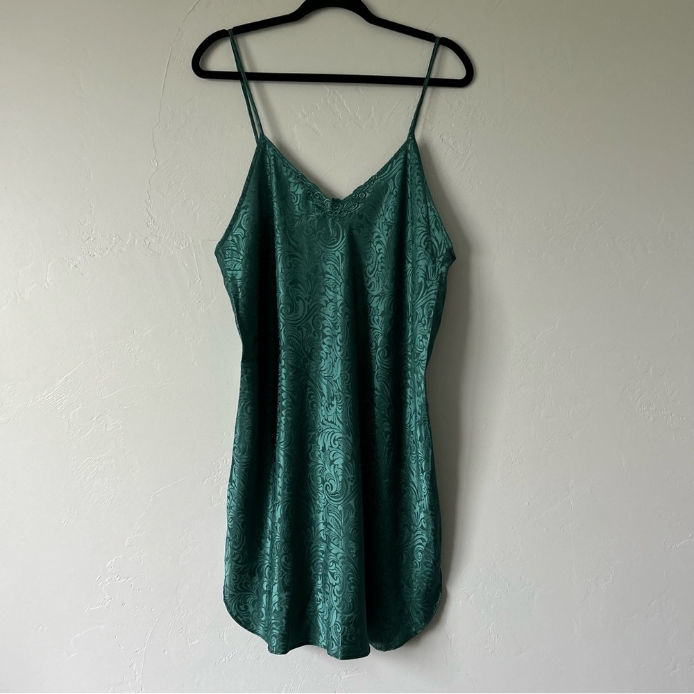 Vintage Green Floral Embossed Lace Trim Slip Dress Whimsigoth Witchy Fairy